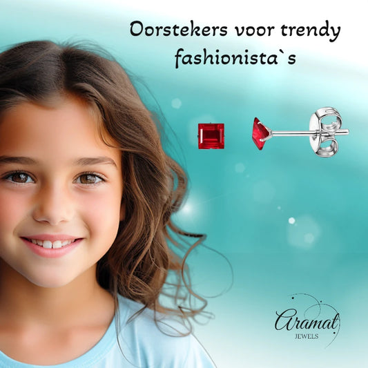 Oorbellen – RVS Zilverkleur met Rode Vierkante Zirkonia (3mm)
