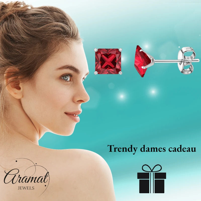 Oorbellen – 7mm Vierkante Zirkonia Rood op RVS Zilverkleur