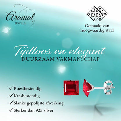 Oorbellen – 8mm Vierkante Zirkonia Rood op RVS Zilverkleur