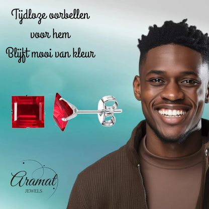 Oorbellen – 8mm Vierkante Zirkonia Rood op RVS Zilverkleur
