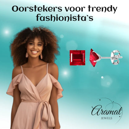 Oorbellen – 8mm Vierkante Zirkonia Rood op RVS Zilverkleur