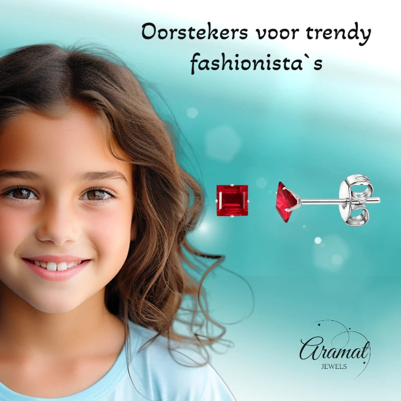 Oorbellen – RVS Zilverkleur met Rode Vierkante Zirkonia (4mm)