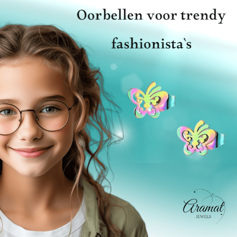 Vlinder oorstekers multikleur staal – 8x9mm open - Aramat Jewels - Oorbellen - cadeautip