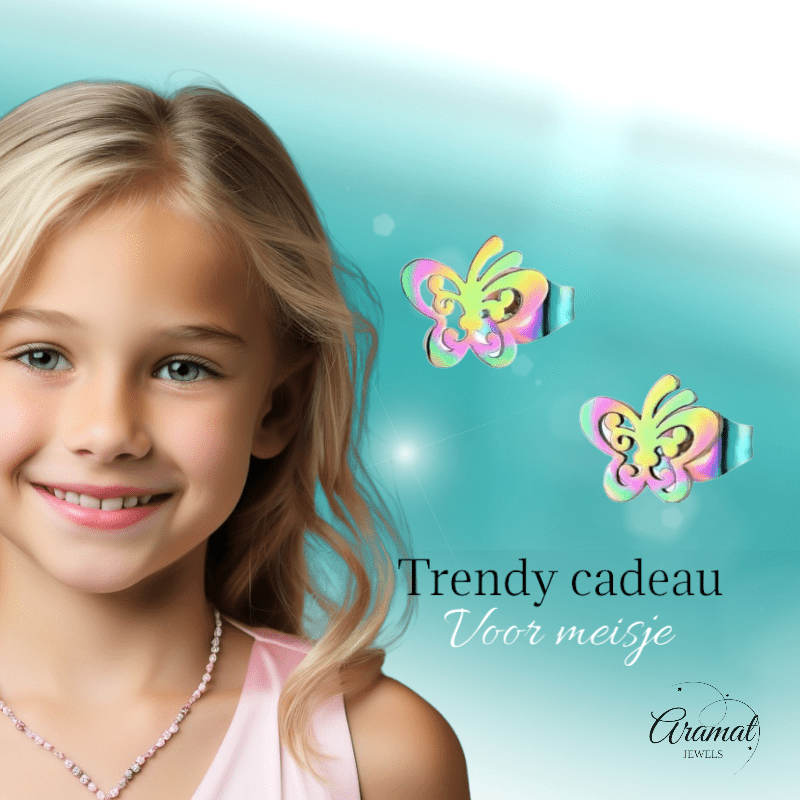 Vlinder oorstekers multikleur staal – 8x9mm open - Aramat Jewels - Oorbellen - cadeautip