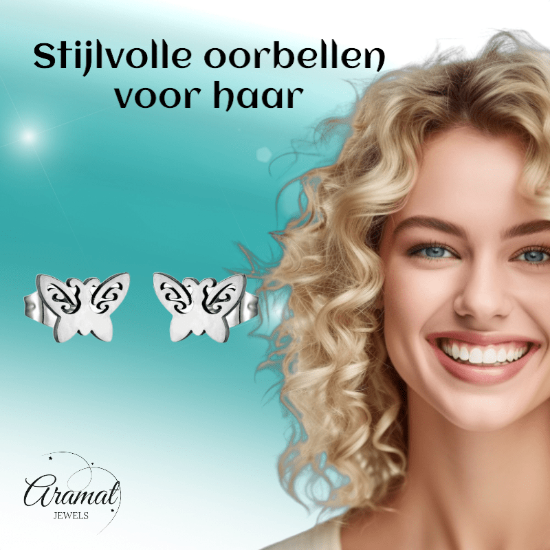Vlinder oorstekers staal – 7x9mm open vleugel - Aramat Jewels - Oorbellen - cadeautip