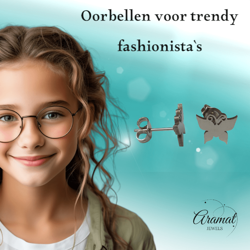 Vlinder oorstekers staal – zilverkleur 8x10mm dicht - Aramat Jewels - Oorbellen - cadeautip