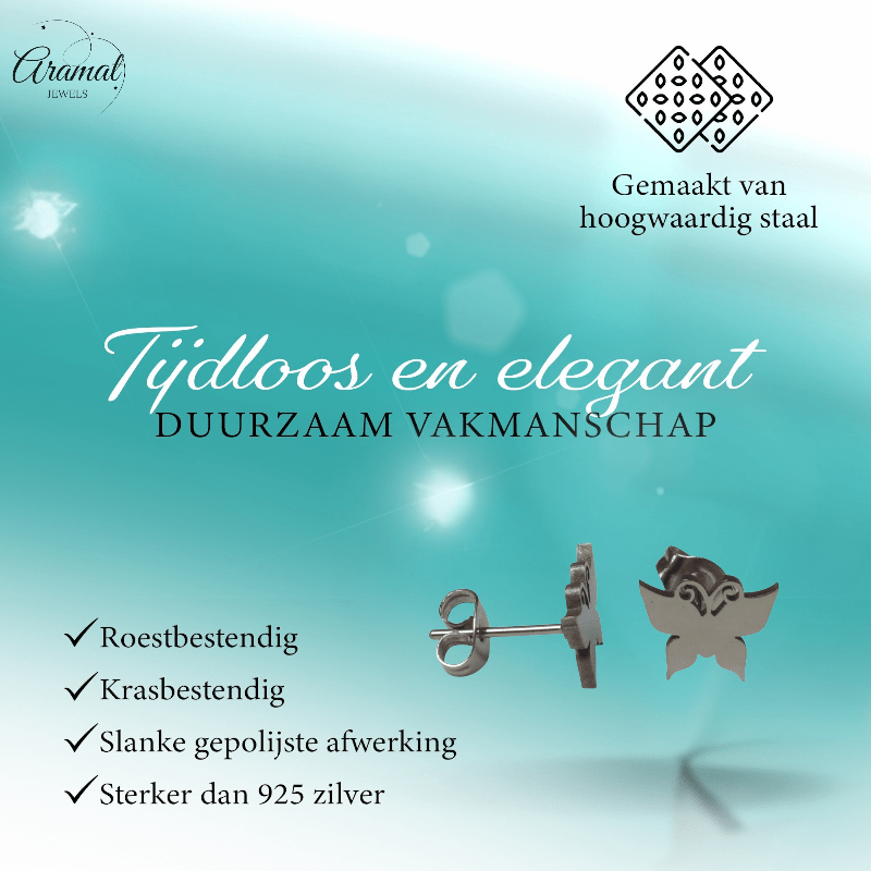 Vlinder oorstekers staal – zilverkleur 8x10mm dicht - Aramat Jewels - Oorbellen - cadeautip