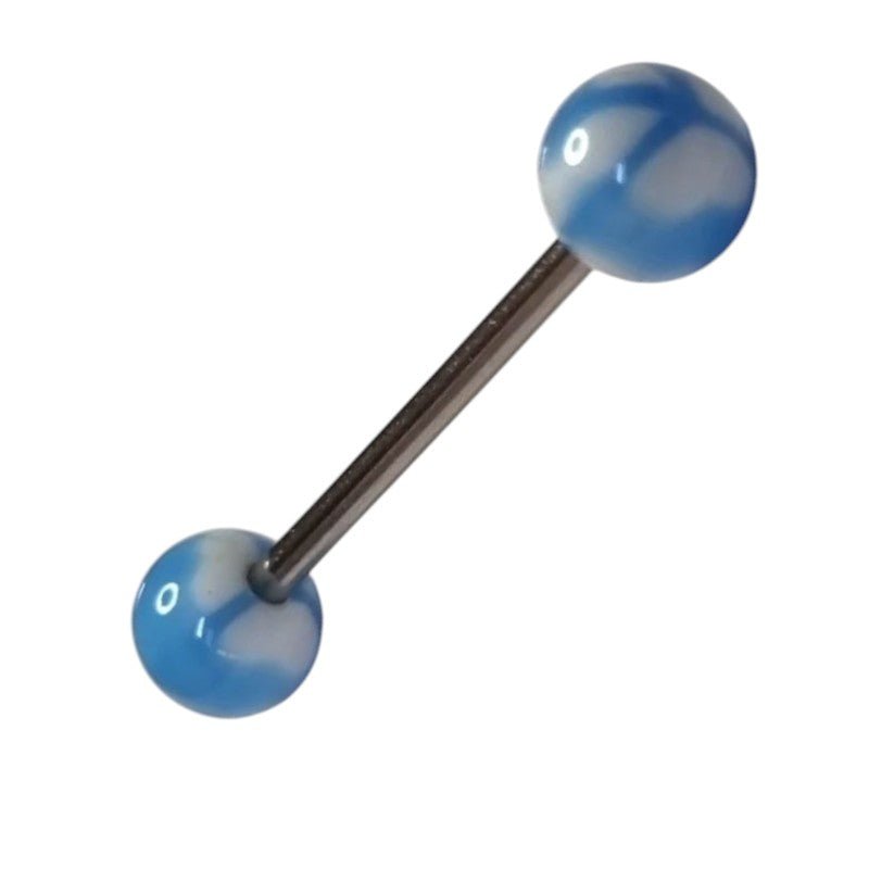 Aramat Jewels white and blue acrylic tongue piercing with a peace sign design. Made of steel and acrylic.