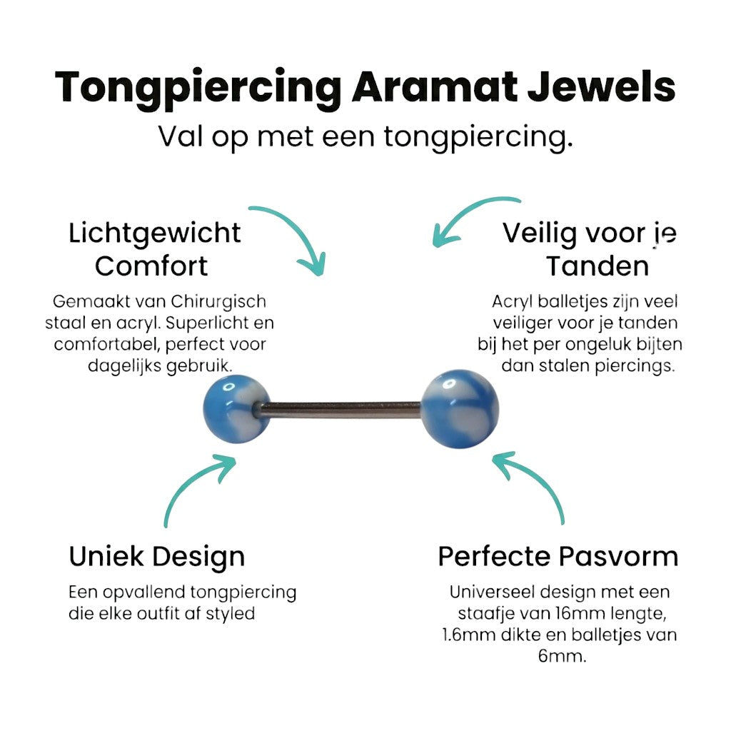 Aramat Jewels white and blue acrylic tongue piercing with a peace symbol design. Made of steel and acrylic.