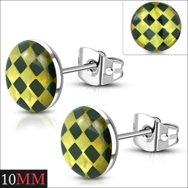 Stoere Stalen Logo Oorknoppen - Trendy Oorbellen 10mm / Geruit-3d-geel-zwart