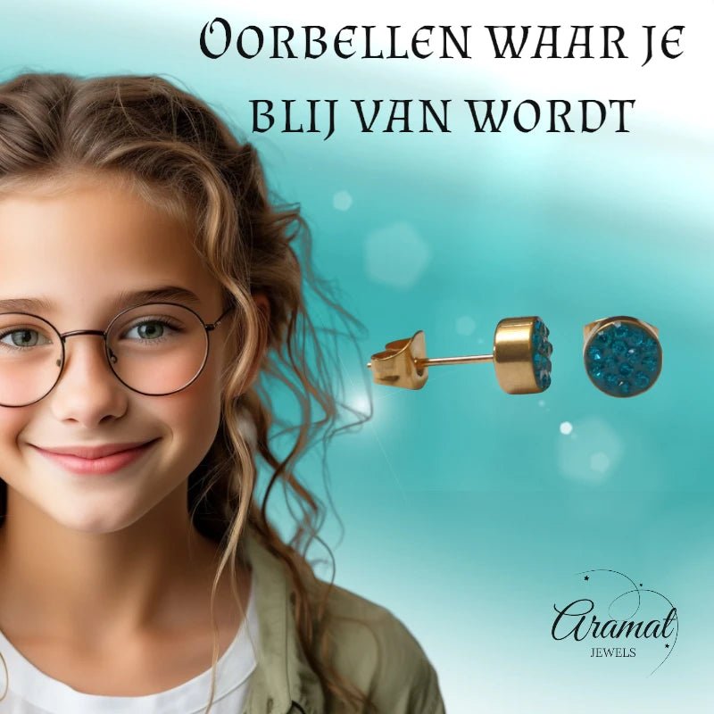 Zeegroene kristallen oorstekers 6 mm – goudkleurig - oor3100 - Oorbellen kopen# - 6mm - alles - Blauwgroen