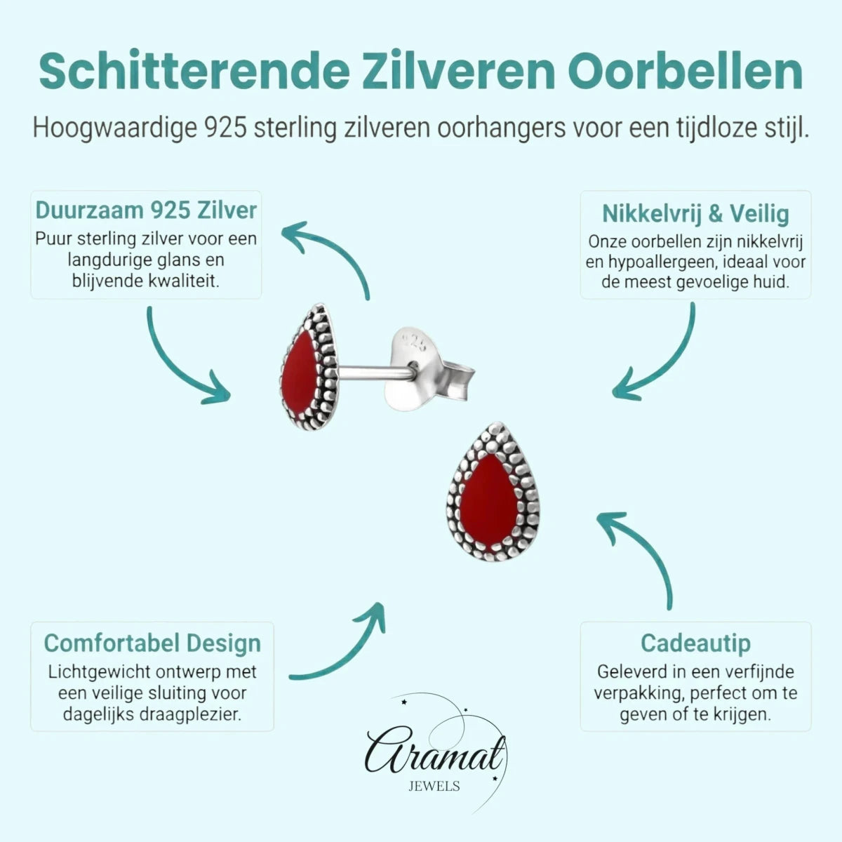 Zilveren Bali Druppel Oorbellen – 7x4mm – Emaille in Zwart, Blauw of Rood - Aramat Jewels - Oorbellen - cadeautip