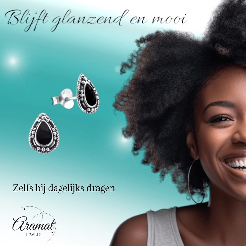 Zilveren Bali Druppel Oorbellen – 9x6mm – Geoxideerd Emaille-Oorbellen uniseks -925 Zilver-9mm-cadeau