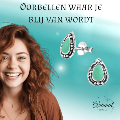 Zilveren Bali Druppel Oorbellen – 9x6mm – Geoxideerd Emaille-Oorbellen uniseks -925 Zilver-9mm-cadeau