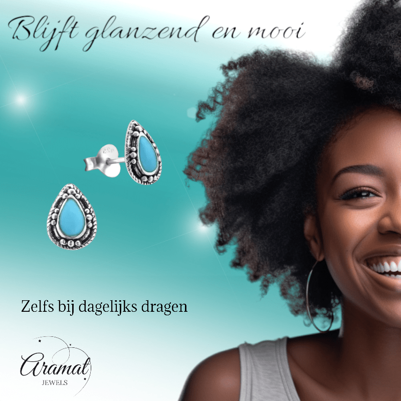Zilveren Bali Druppel Oorbellen – 9x6mm – Geoxideerd Emaille-Oorbellen uniseks -925 Zilver-9mm-cadeau