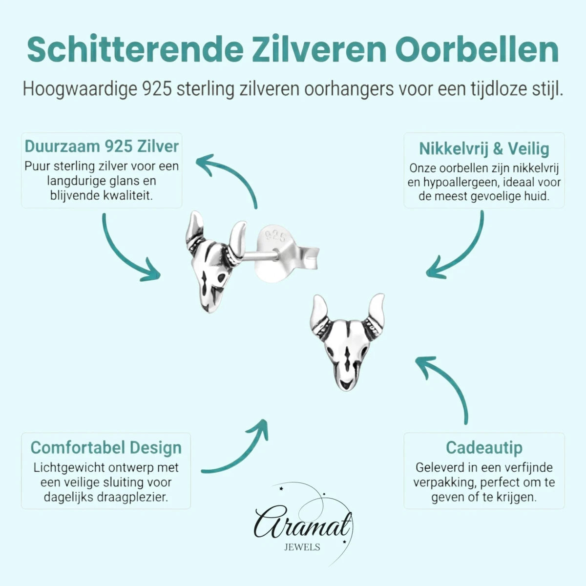 Zilveren Bali Oorbellen Bull - Geoxideerd voor Boho Look - Aramat Jewels - Oorbellen - cadeautip