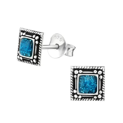925 zilver Bali oorstekers vierkant 6mm met blauw emaille glitter, geoxideerd, hypoallergeen voor dames.