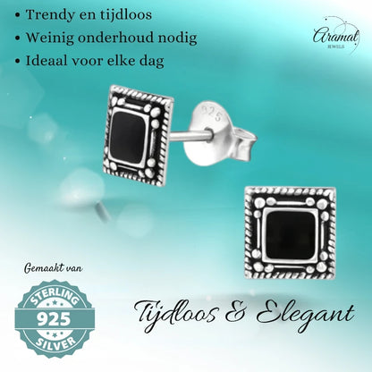 Oorstekers – 925 Zilver Bali Oorbellen Vierkant Zwart Emaille 6mm Geoxideerd