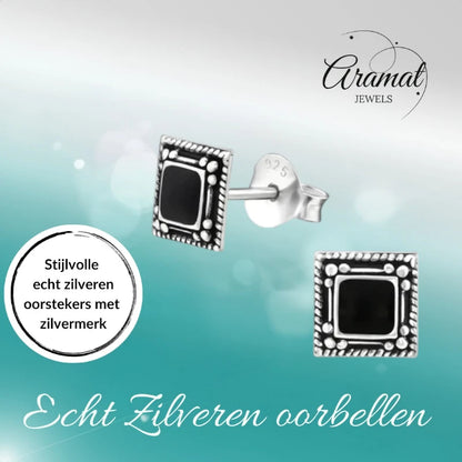 Oorstekers – 925 Zilver Bali Oorbellen Vierkant Zwart Emaille 6mm Geoxideerd