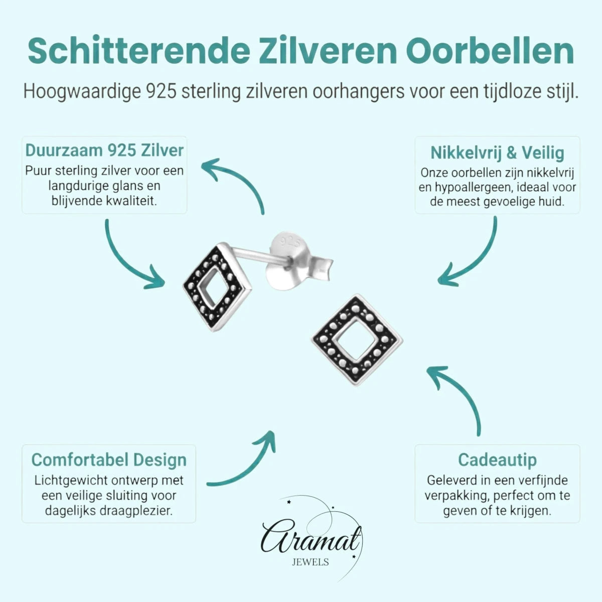 Zilveren Bali Oorbellen - Geoxideerd Ruit 5mm - Aramat Jewels - Oorbellen - cadeautip