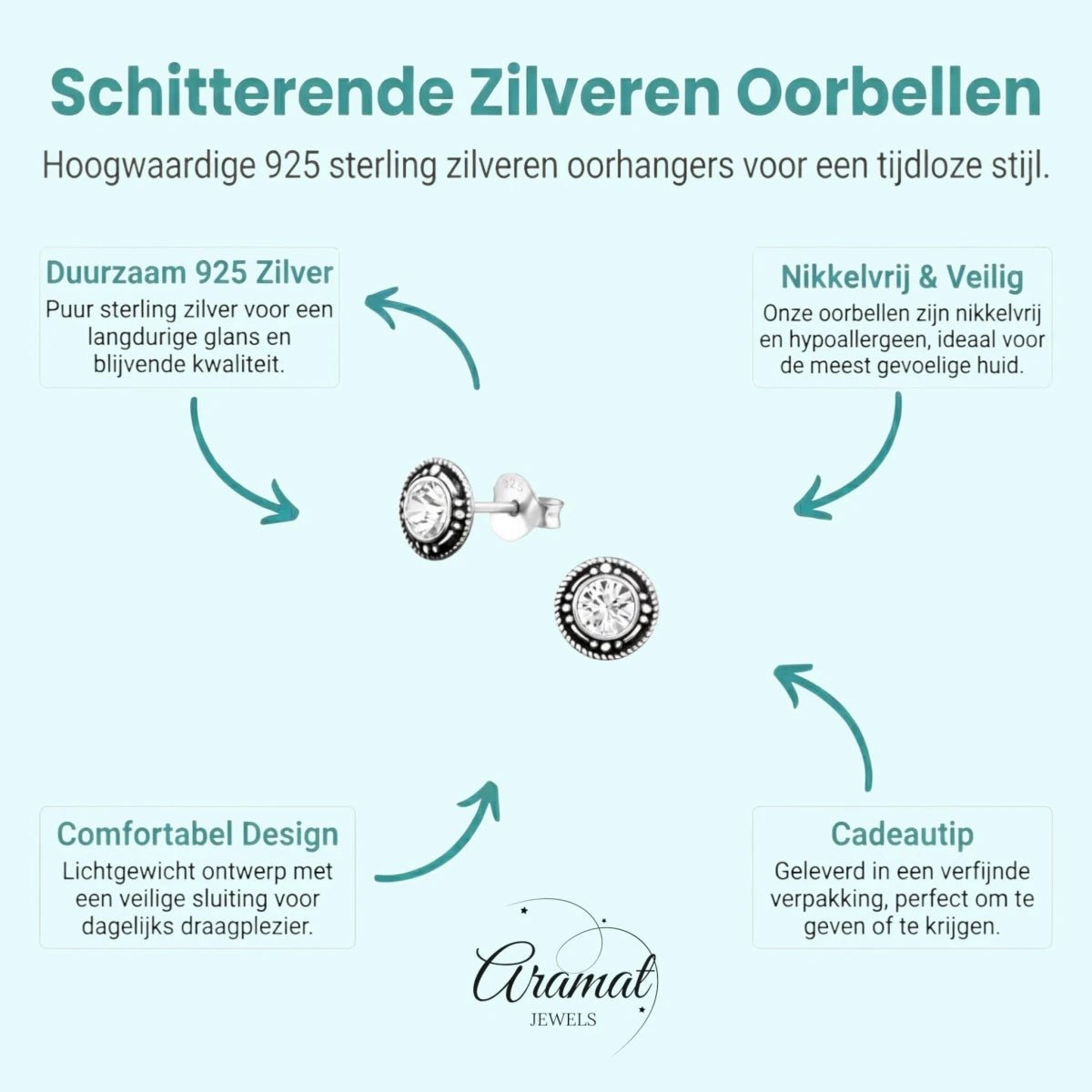 Zilveren Bali Oorbellen - Kristal Oorstekers - Aramat Jewels - Oorbellen - cadeautip