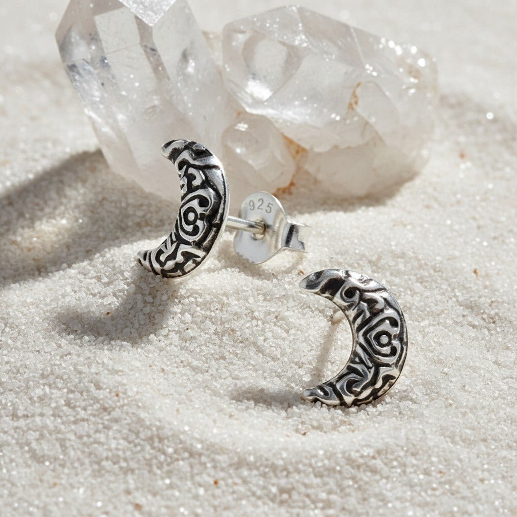 Zilveren Bali Oorbellen Maan - Geoxideerd Motief - Aramat Jewels - Oorbellen - cadeautip