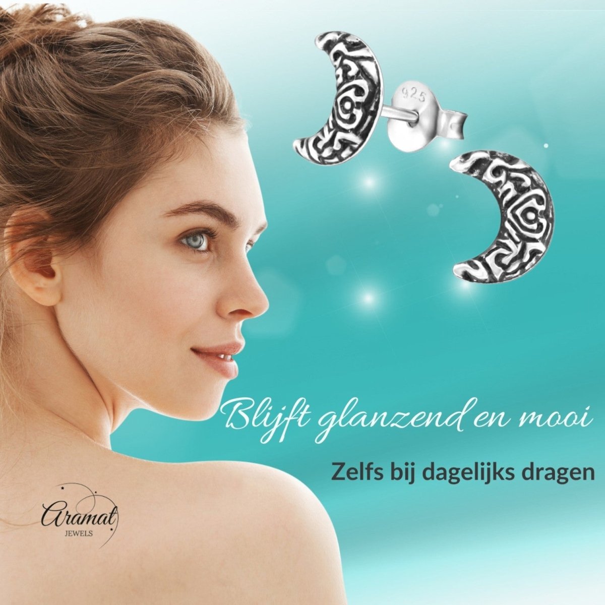 Zilveren Bali Oorbellen Maan - Geoxideerd Motief - Aramat Jewels - Oorbellen - cadeautip