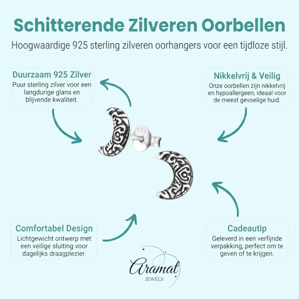Zilveren Bali Oorbellen Maan - Geoxideerd Motief - Aramat Jewels - Oorbellen - cadeautip