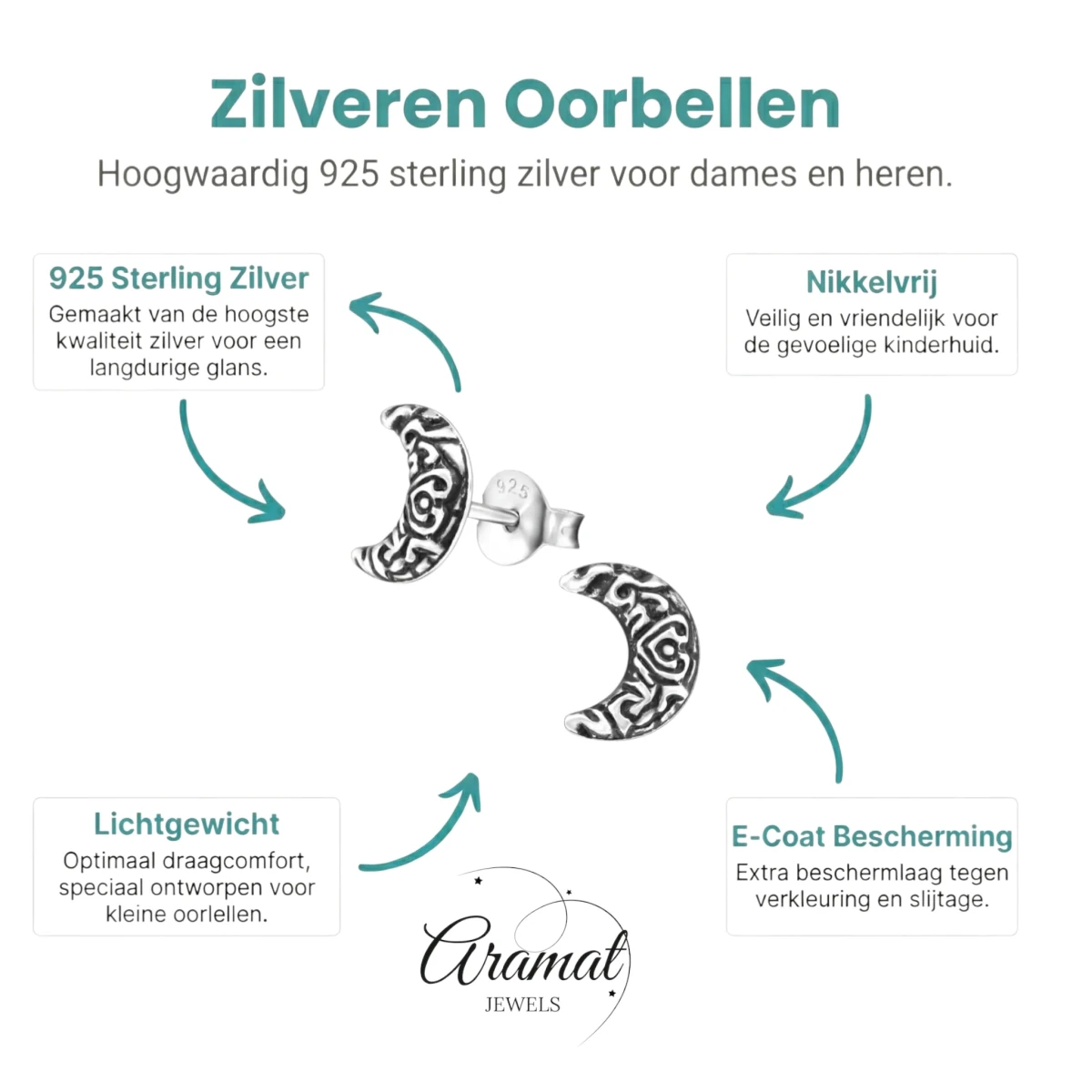 Zilveren Bali Oorbellen Maan - Geoxideerd Motief - Aramat Jewels - Oorbellen - cadeautip