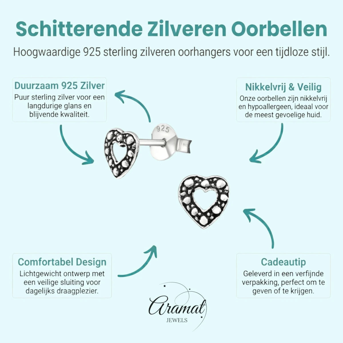 Zilveren Bali Oorbellen met Hartje - Aramat Jewels - Oorbellen - cadeautip