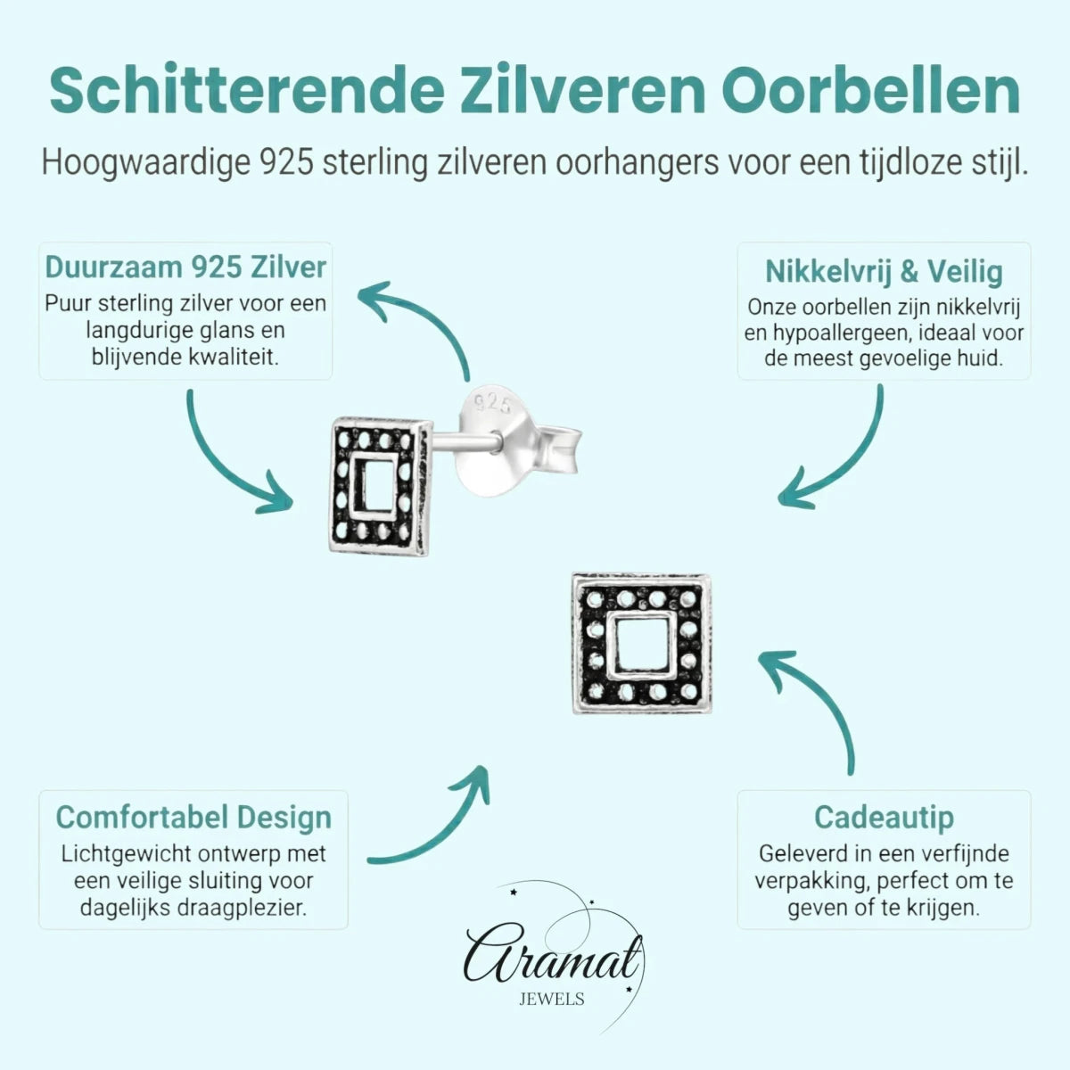 Zilveren Bali Oorbellen - Open Vierkant Geoxideerd - Aramat Jewels - Oorbellen - cadeautip