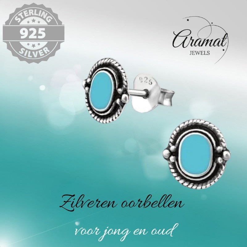 Zilveren Bali Oorbellen - Ovaal Blauw 8mm - oor1060 - 31323 - Oorbellen kopen