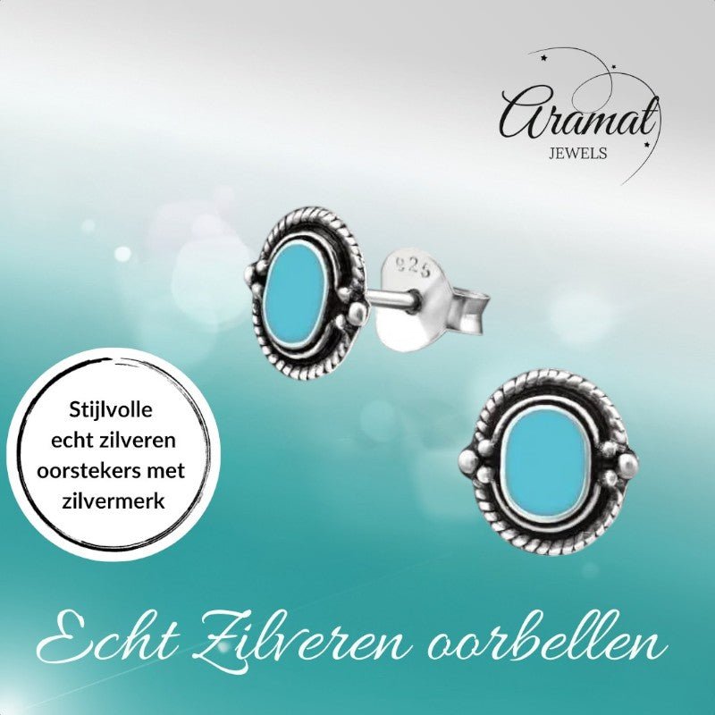 Zilveren Bali Oorbellen - Ovaal Blauw 8mm - oor1060 - 31323 - Oorbellen kopen