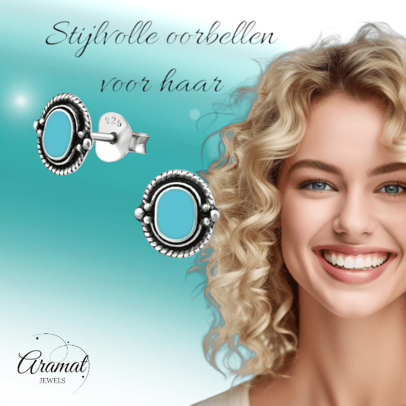 Zilveren Bali Oorbellen - Ovaal Blauw 8mm - oor1060 - 31323 - Oorbellen kopen