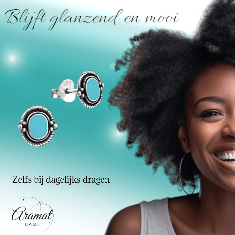 Zilveren Bali Oorbellen - Ovaal Blauw 8mm - oor1060 - 31323 - Oorbellen kopen