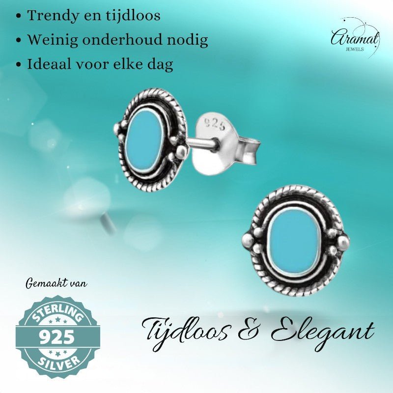 Zilveren Bali Oorbellen - Ovaal Blauw 8mm - oor1060 - 31323 - Oorbellen kopen