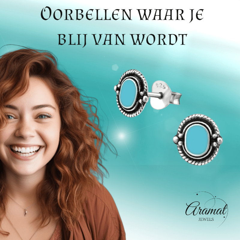 Zilveren Bali Oorbellen - Ovaal Blauw 8mm - oor1060 - 31323 - Oorbellen kopen