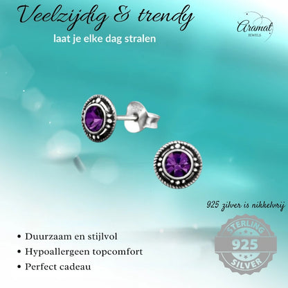 Oorstekers – Sterling Zilver Bali Etnisch Paars Kristal 7mm Dames