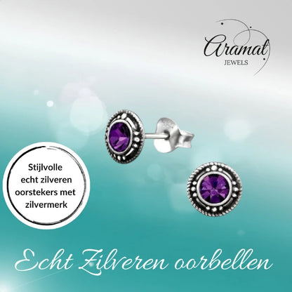 Oorstekers – Sterling Zilver Bali Etnisch Paars Kristal 7mm Dames