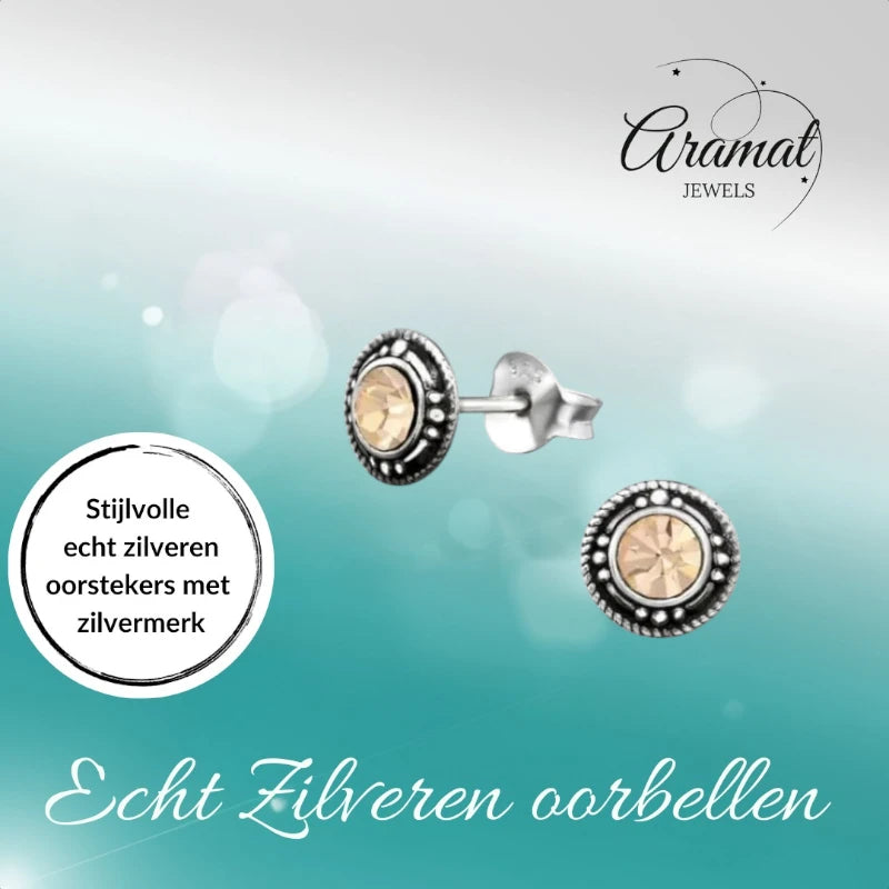Oorstekers – Sterling Zilver Bali Etnisch Champagne Kristal 7mm Dames