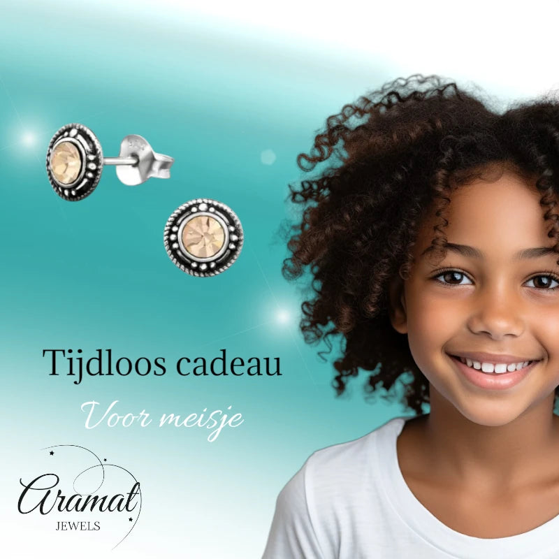 Oorstekers – Sterling Zilver Bali Etnisch Champagne Kristal 7mm Dames