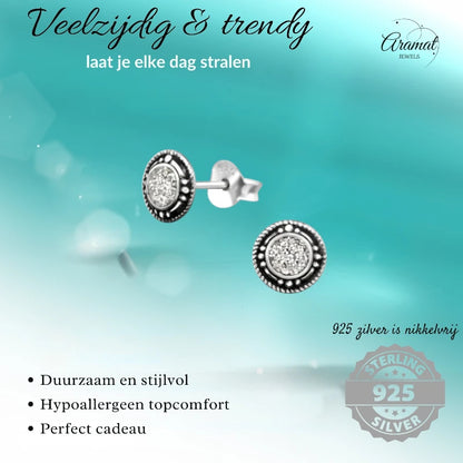 Oorstekers – Sterling Zilver Bali Etnisch Witte Glitter 7mm Rond Geoxideerd