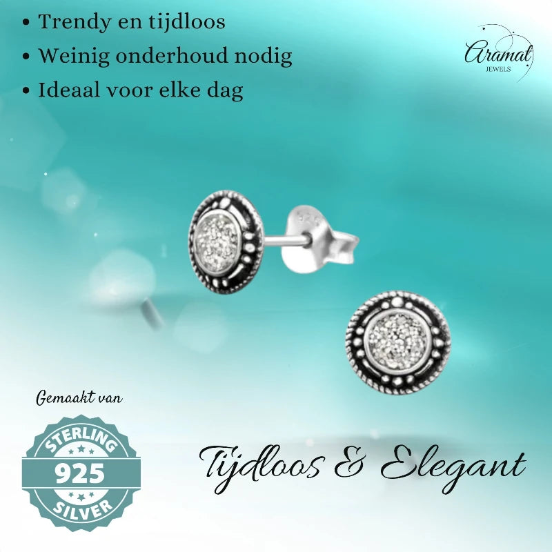 Oorstekers – Sterling Zilver Bali Etnisch Witte Glitter 7mm Rond Geoxideerd