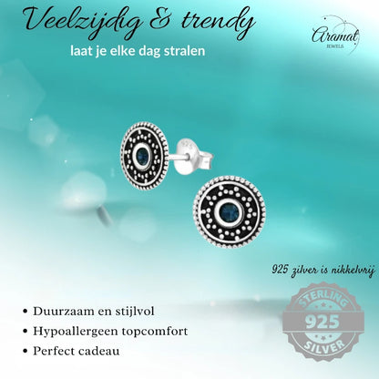 Oorstekers – Sterling Zilver Bali Etnisch Donker Blauw Kristal 9mm Rond Geoxideerd