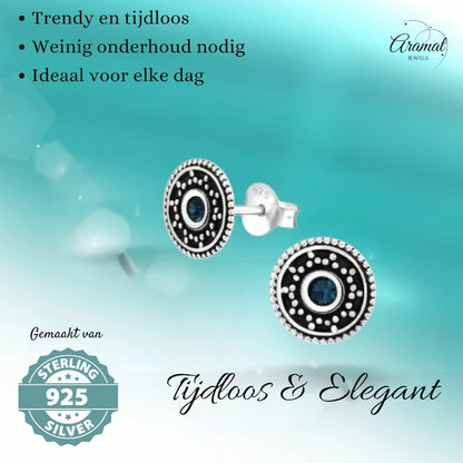 Oorstekers – Sterling Zilver Bali Etnisch Donker Blauw Kristal 9mm Rond Geoxideerd