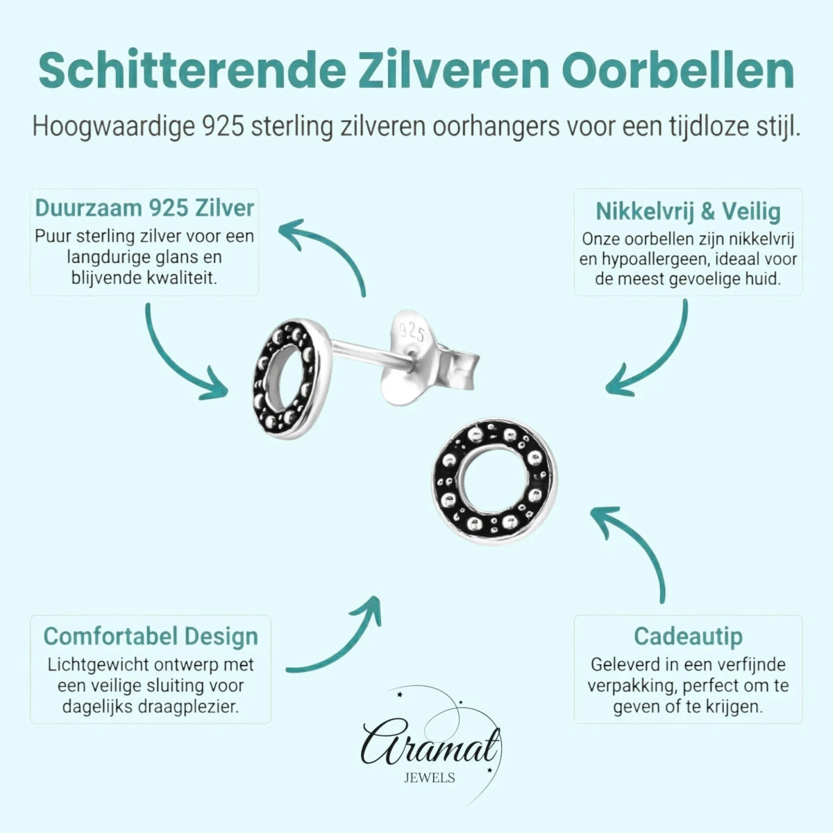 Zilveren Bali Oorbellen - Rond Geoxideerd - Aramat Jewels - Oorbellen - cadeautip