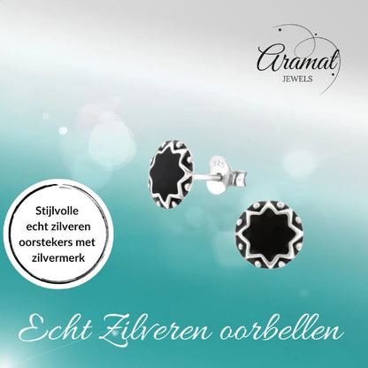 Oorstekers – Sterling Zilver Bali Etnisch Zwart Emaille 8mm Rond Geoxideerd