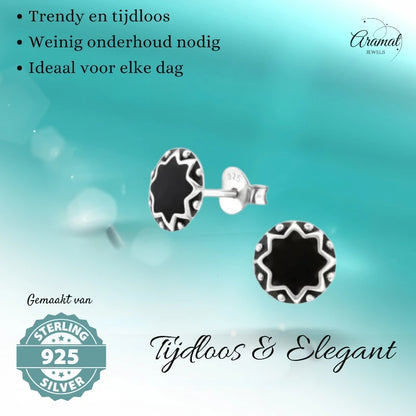 Oorstekers – Sterling Zilver Bali Etnisch Zwart Emaille 8mm Rond Geoxideerd