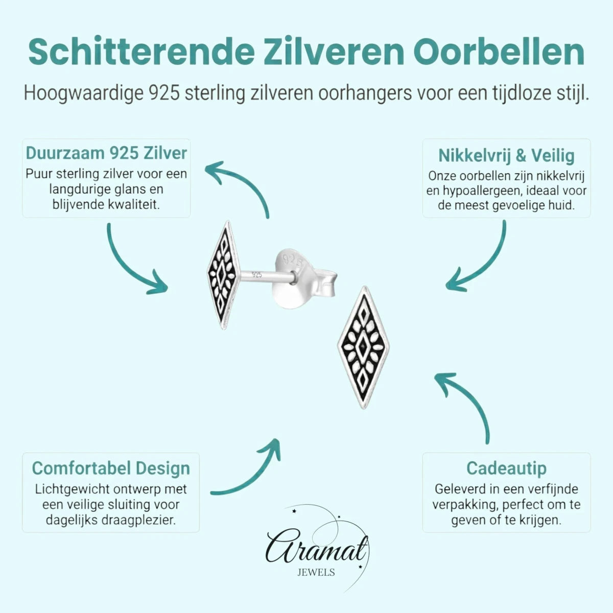 Zilveren Bali Oorbellen - Ruit Motief - Aramat Jewels - Oorbellen - cadeautip