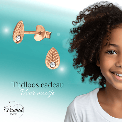 Zilveren Blaadje Oorbellen Rosé/Kristal – 6x4mm - Aramat Jewels - Oorbellen - cadeautip